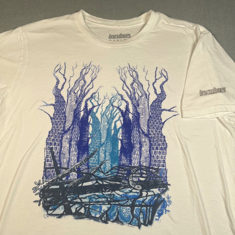 Incubus Band T Shirt White Graphic Print Trees Forest Design Mens Size L